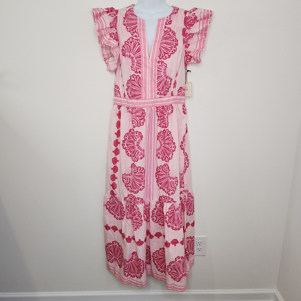 Pink Seashell Embroidered Cotton Maxi Dress Womens Small Flutter Sleeve Pockets